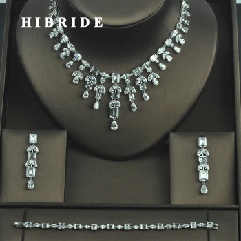 

HIBRIDE Sparkling Austrian Crystal Full CZ Jewelry Sets For Women Water Drop Romantic Bracelet Earring Necklace Set Dress N-324