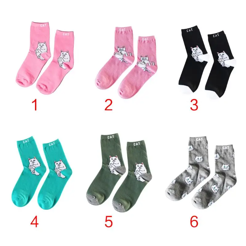 

Unisex Couples Autumn Rib Trim Long Crew Socks Funny Cartoon Bad Middle Finger Cat Solid Color Cotton Hosiery Hip-Hop Skateboard