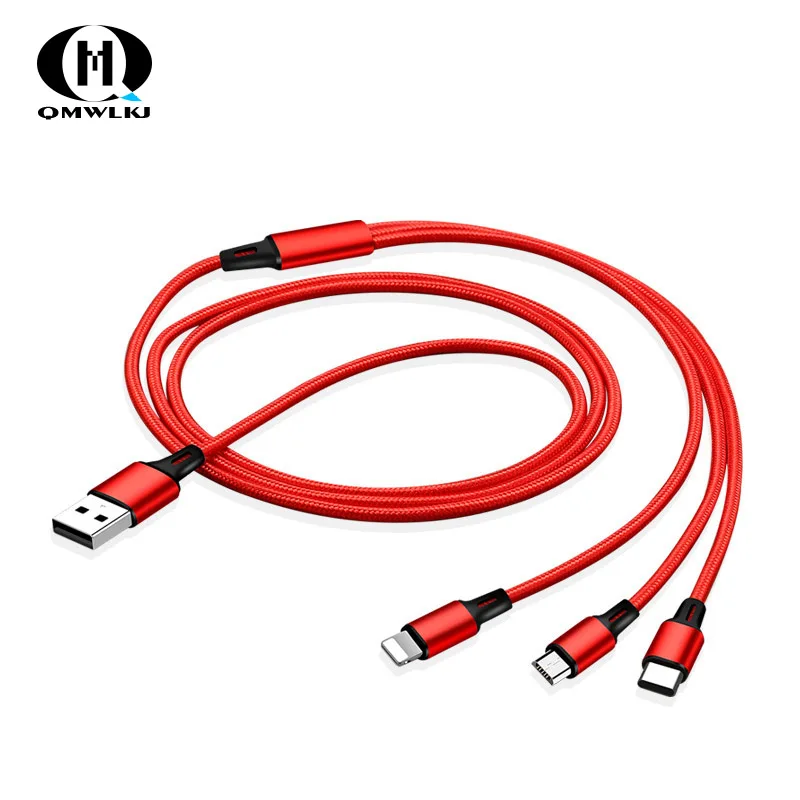 

Usb Cable 3 in 1 Multiple Charging Micro Type C Cable Three Nylon Data Line for iPhone X 8 7 6 Samsung S9 Fast Charging Cable