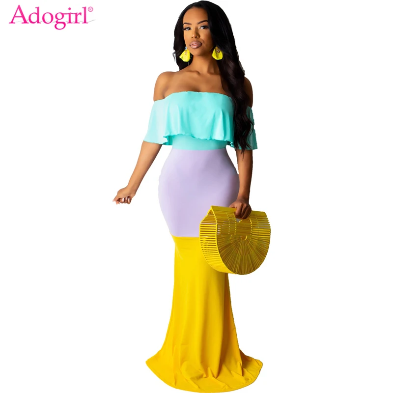 

Adogirl Color Patchwork Ruffle Maxi Evening Party Dresses Elegant Women Slash Neck Off Shoulder Bodycon Long Dress Casual Outfit