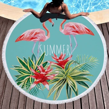 

Thick Round Beach Towel With Tassels 150CM Summer Flamingo Print Microfiber Shawl Mat Bohemian Adults Bath Towel Picnic Blanket