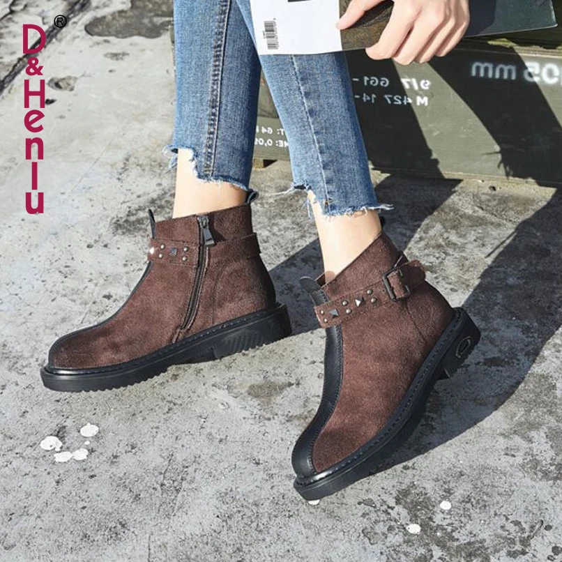 

{D&Henlu} Women Motorcycle Boots 2018 Autumn Winter Boots Women Shoes Casual Genuine Leather Chelsea Ankle Boot Zip Flat Heel