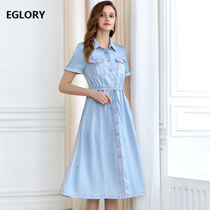 2019 Summer Fashion Denim Dress High Quality Women Turn-down Collar Red Color Block Stitch Bust Pockets Blue Jeans Dress Ladies