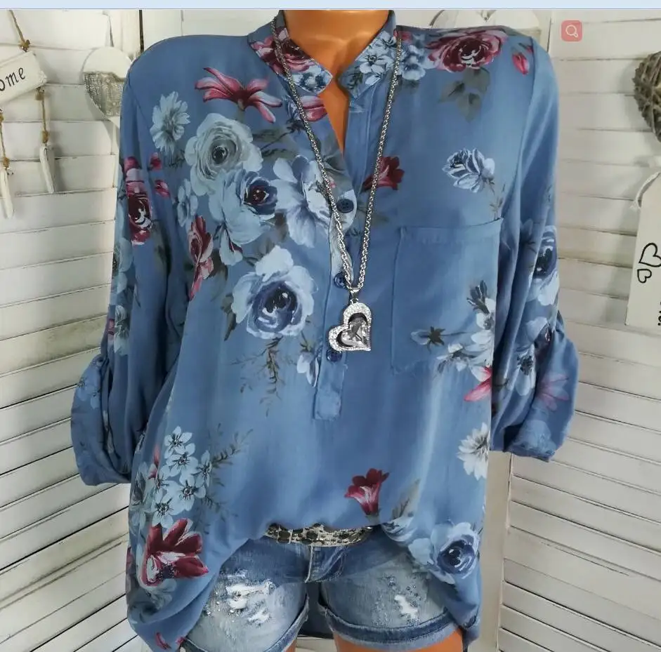 PUSEKY Women Autumn Spring Standing Collar Printed Long Sleeve Chiffon M-5XL |