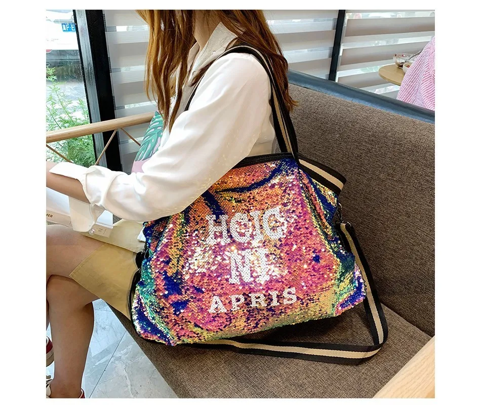 Herlad Fashion Large Women's Handbag Quality Leather Shiny Sequined Female Shoulder Bag Casual Letter Print Ladies' Tote Bag Sac