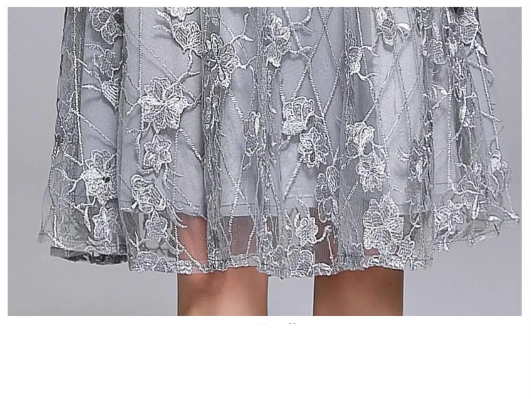 Summer Lace Mesh Embroidery Dress Chiffon Women O-Neck Short Sleeves A-Line Silver Vintage Long Party Elegant Dress Vestidos