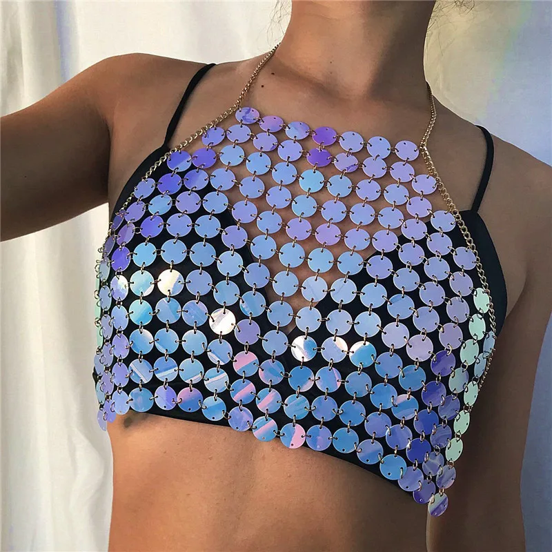 

Bling Colorful Sequins Metal Chain Patchwork Crop Tops Halter Hollow Out Adjustable Tank Tops Summer Beach Vacation Sexy Tops
