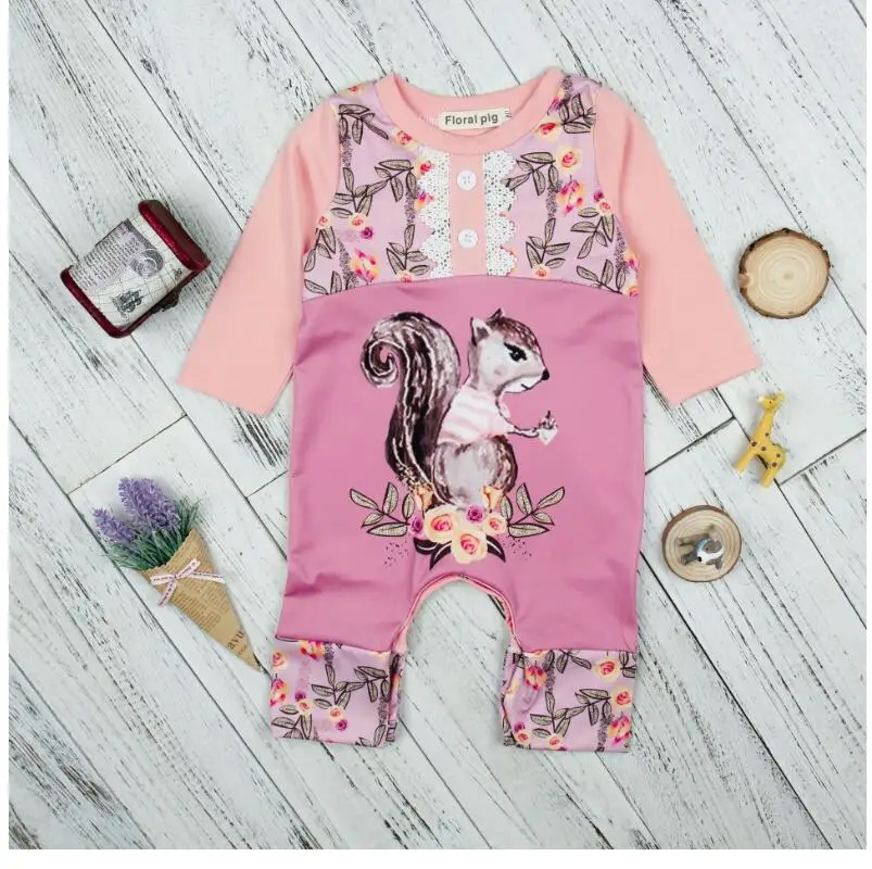 Baby Clothes Baby girl Romper Small squirrel flower branch print Cotton