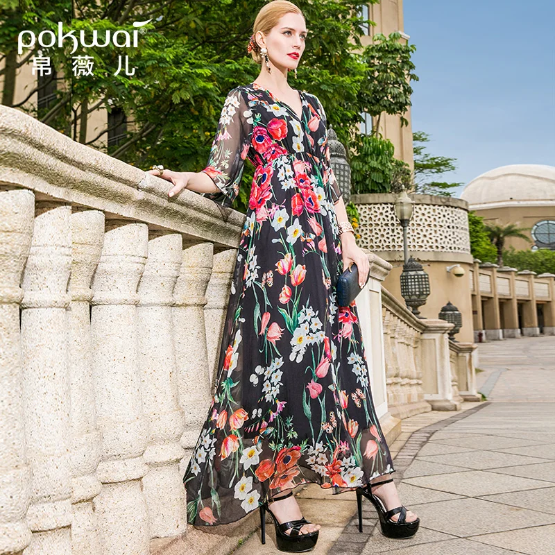 

POKWAI Maxi Casual Floral Summer A-Line Silk Dress Women 2018 New High Quality Half Flare Sleeve Elegant V-Neck Empire Dresses