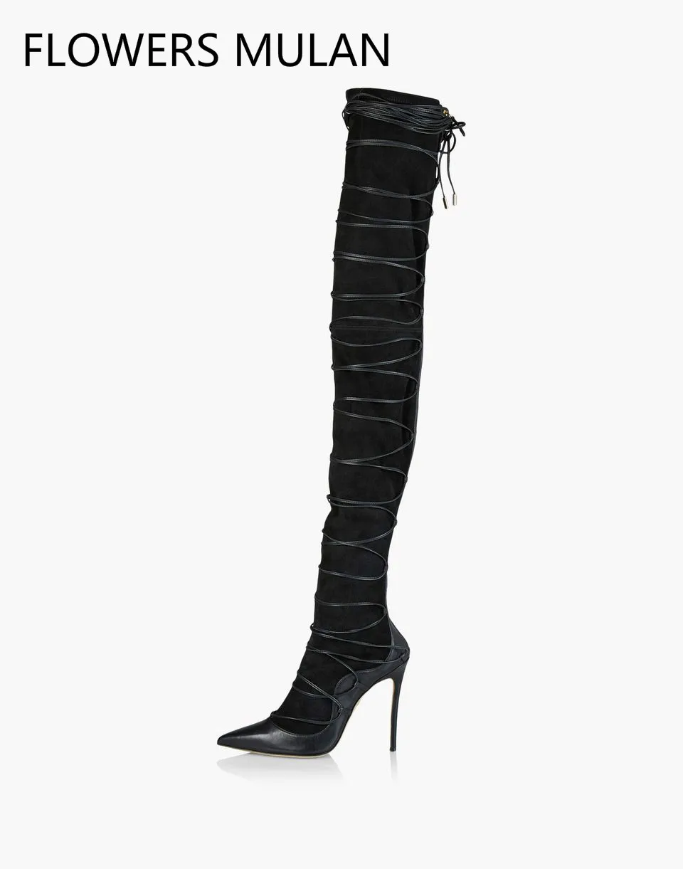 

New Designers Famous Brand Winter Boots For Girls Pointed Toe Patchwork Pumps Botas Narrow Band Back Zipper Runway Ladies Shoes