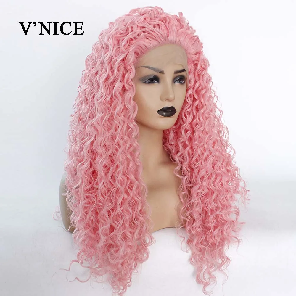 

V'NICE Pink Synthetic Lace Front Wig Glueless Long Kinky Curly Wigs Natural Hair Frontal Free Parting Curly Wigs For Women