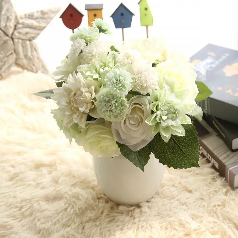 Silk Flower Roses Artificial Flowers for Wedding Decoration Silk Dahlia Hybrid Flower for Home Decor Fall Vivid Fake Leaf Flower