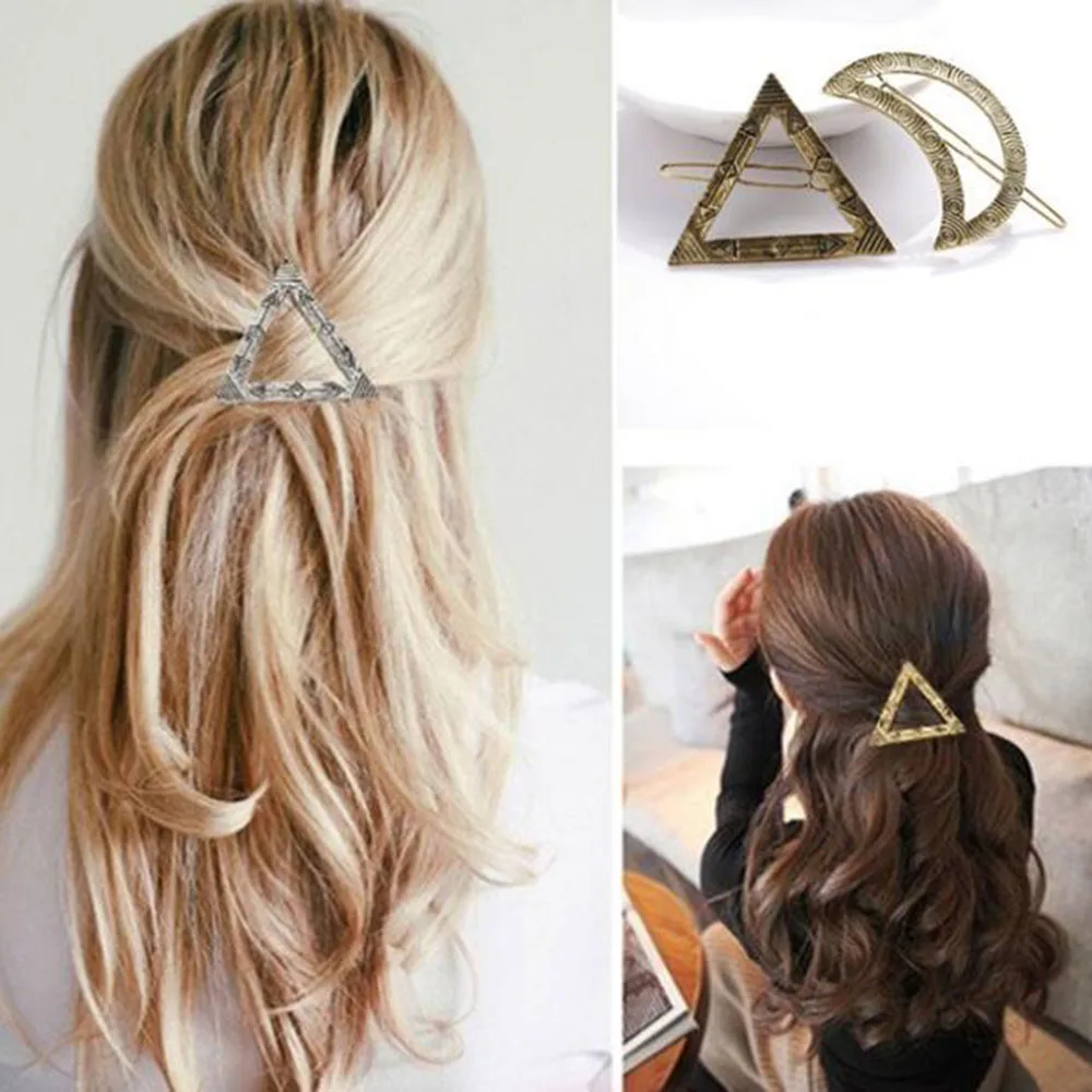 

New Girls Vintage Geometric Alloy Hair Clips Triangle Moon Pattern Hairgrip Women Easy Personality Barrette Hair Accessories