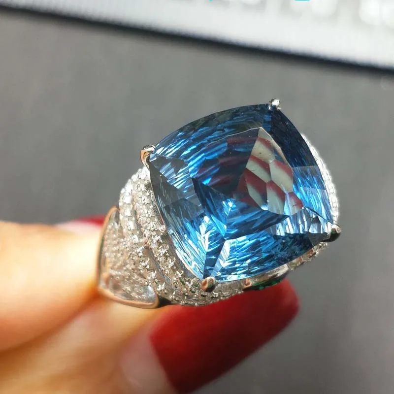 

YBO,Elegant women ring natural London blue topaz cushion 12*12mm 12.5ct big luxury trendy ring for woman party and birthday gift