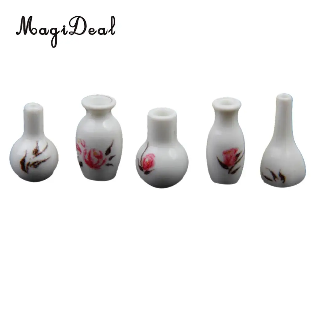 MagiDeal 1/12 Scale Dollhouse Miniature White ABS plastic Vase Jars with Floral Printed for Kitchen Furniture Pretend Play Toys