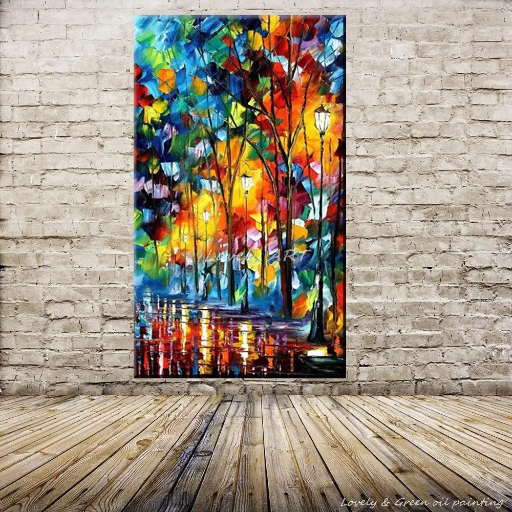 100 Handpainted Wall Art Modern Abstract Paintings Rain Tree Road Canvas Colorful Palette Knife