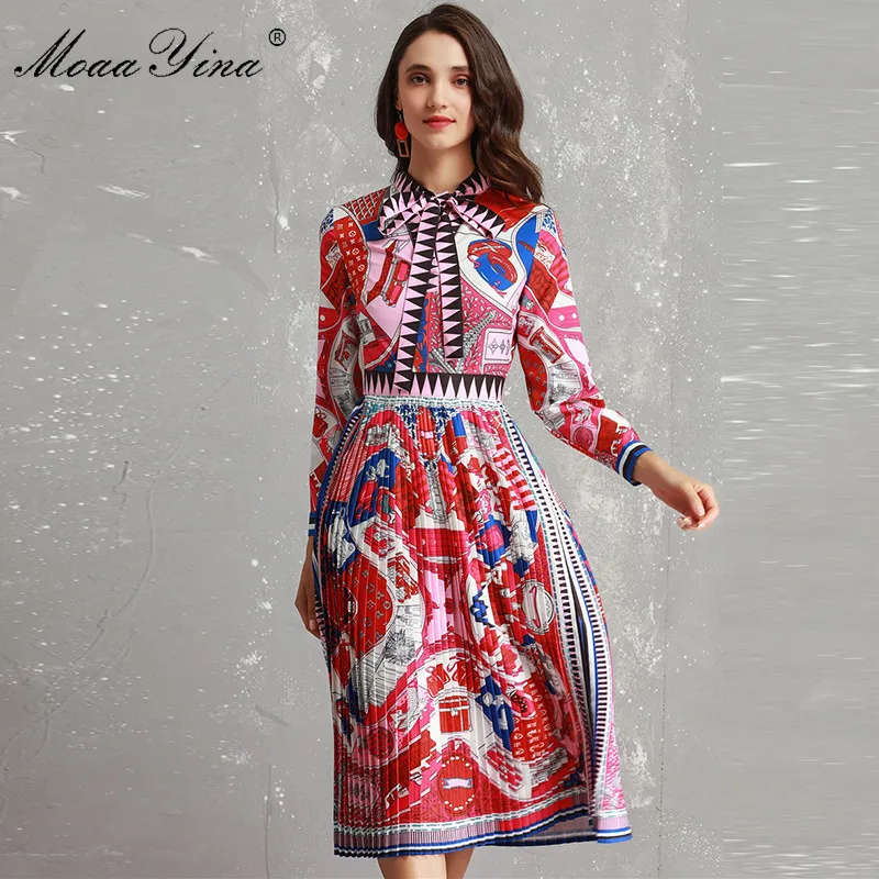 

MoaaYina Fashion Designer Dress Spring Women Long sleeve Bow collar Print Vacation loveliness Elegant Slim Midi Pleated Dress