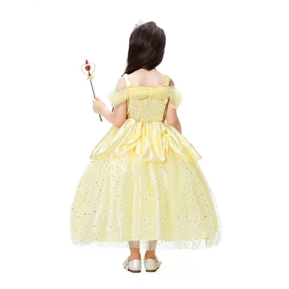 Карнавальный костюм красавицы и чудовища; детское платье Белль; платье для девочек; платье Белль; великолепные элегантные желтые платья без Плеч