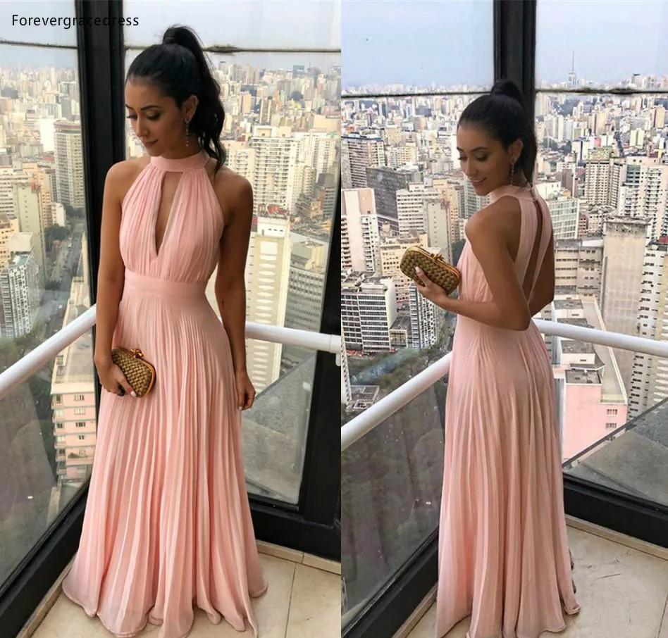 2019 Summer Beach Boho Chiffon Bridesmaids Dresses A Line Halter Neck Pleats Flowy Chiffon Long Maid of Honor Gowns  92 (5)