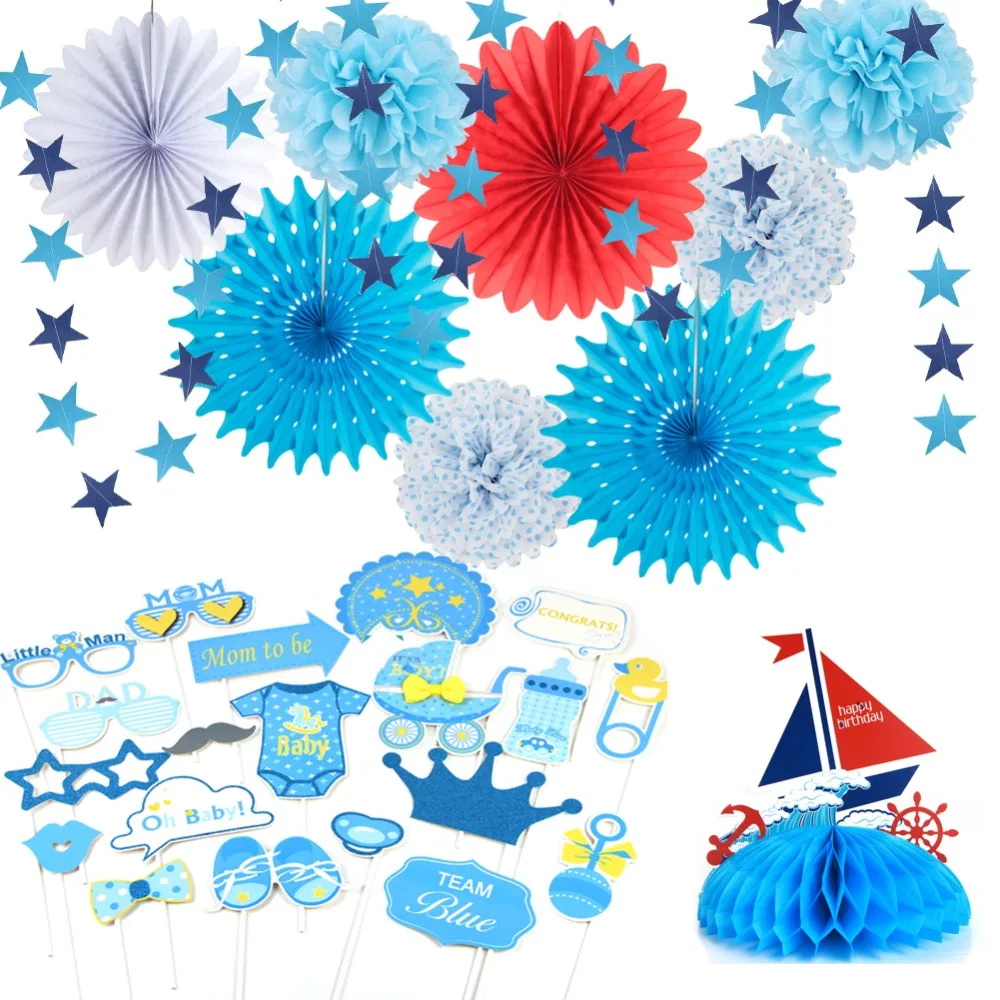 

It's A Boy Baby Shower First Birthday Party Decorations Set Photo Props Sailboat Centerpiece Paper Fans Star Garland