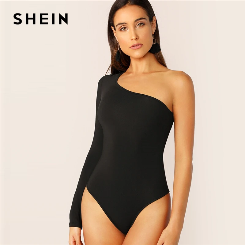 

SHEIN One Shoulder Form Fitting Bodysuit Stretchy Sexy Solid Long Sleeve Basics Bodysuits Women 2019 Summer Skinny Bodysuits