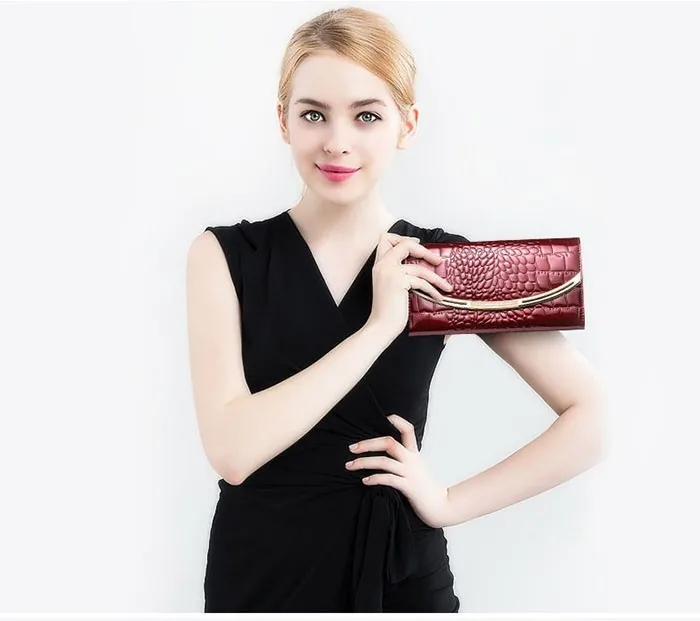 Fashion Genuine Leather Wallet Women Luxury Alligator Design Gold Leather Female Purse Clutch Bag Lady Wallets Long Wallet