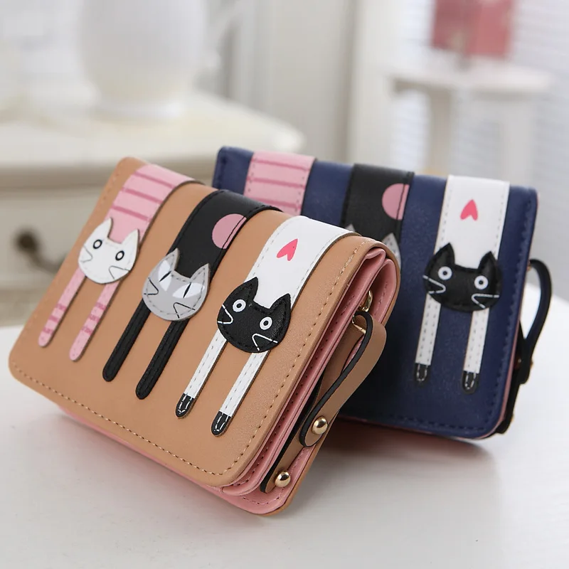  2016 New Fashion Cat High-quality Leather Wallet Women Cartoon three little kittens Short Wallets Candy Colors Women Coin Purses 