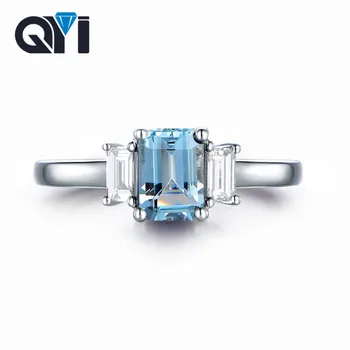 

QYI Natural Gemstone Three Stone Ring For Women 925 Sterling Silver Party Jewelry 1.5 CT Emerald Cut Sky Blue Topaz Rings