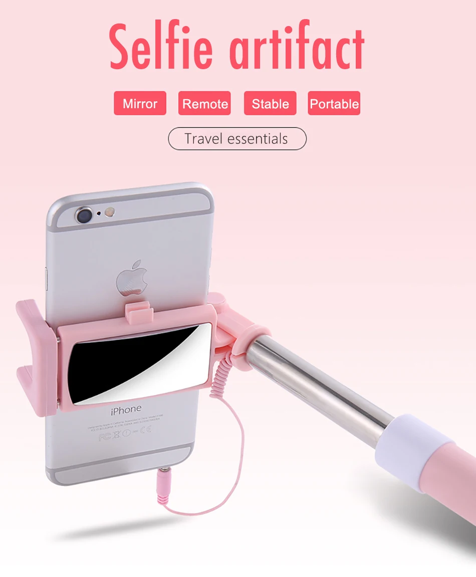!ACCEZZ Mini Wired Selfie Stick IOS For iPhone X XR XS MAX 8 7 6 For Huawei Samsung Monopod Foldable Portable Selfiestick Mirror (2)