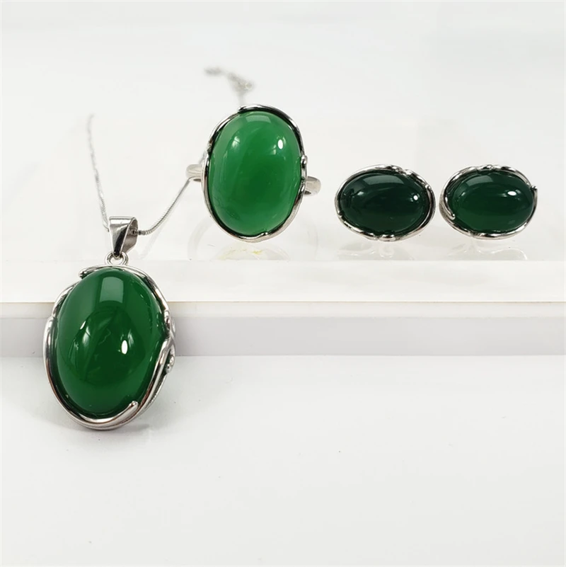 

Natural Green Chalcedony Red Agate S925 Vintage Jewelry Set 925 Sterling Silver Gem Stone Women Necklace Stud Earrings Ring Sets