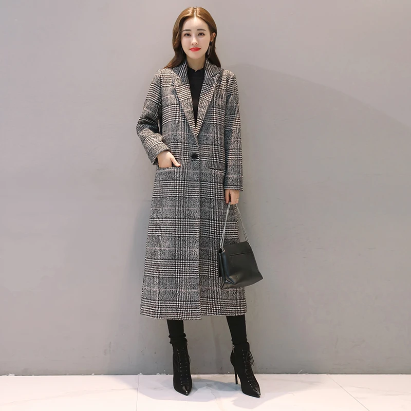 

2020 Spring Autumn Women's Wool Plaid Coat New Fashion Long Slim Type Female Winter Jackets Outw