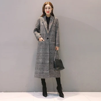 

2020 Spring Autumn Women's Wool Plaid Coat New Fashion Long Slim Type Female Winter Jackets Female Outw