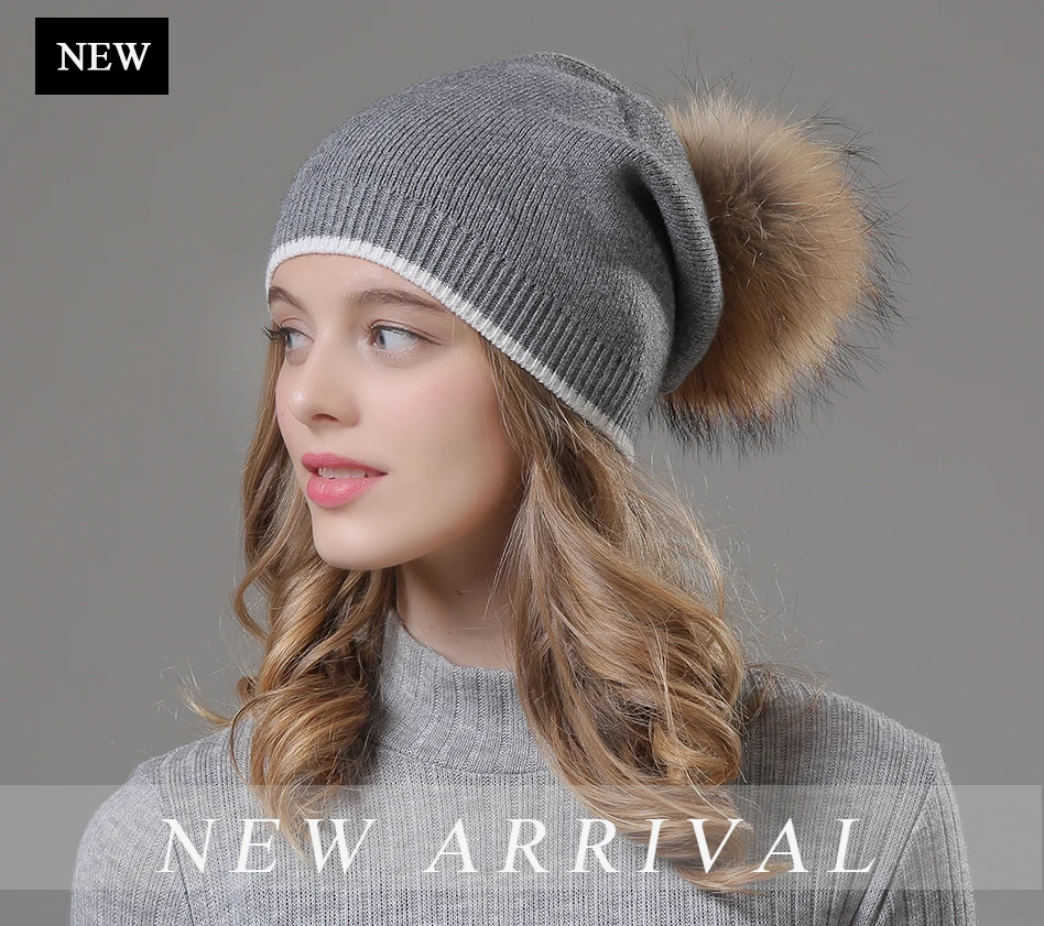 Winter Hats For Women Beanies Knitted Wool Pompon Beanies Female Real Raccoon Fur Pom Poms Hat For Girls 2018 (1)