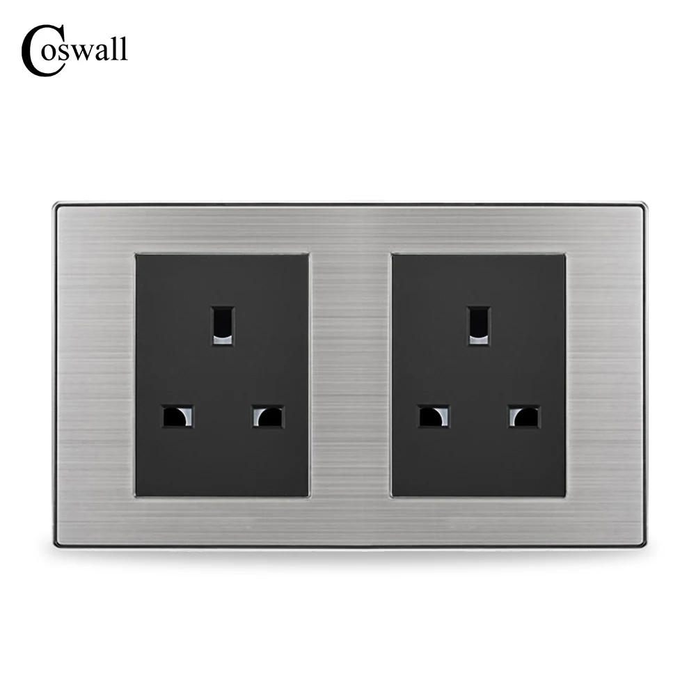 Double Panel 13A UK Standard Socket Dual British Outlet Stainless Steel Brushed Silver Frame 160