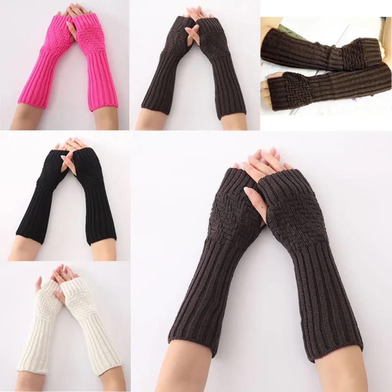 1pair New Hand Knitted Half Fingers Long Gloves for Women Warm Autumn