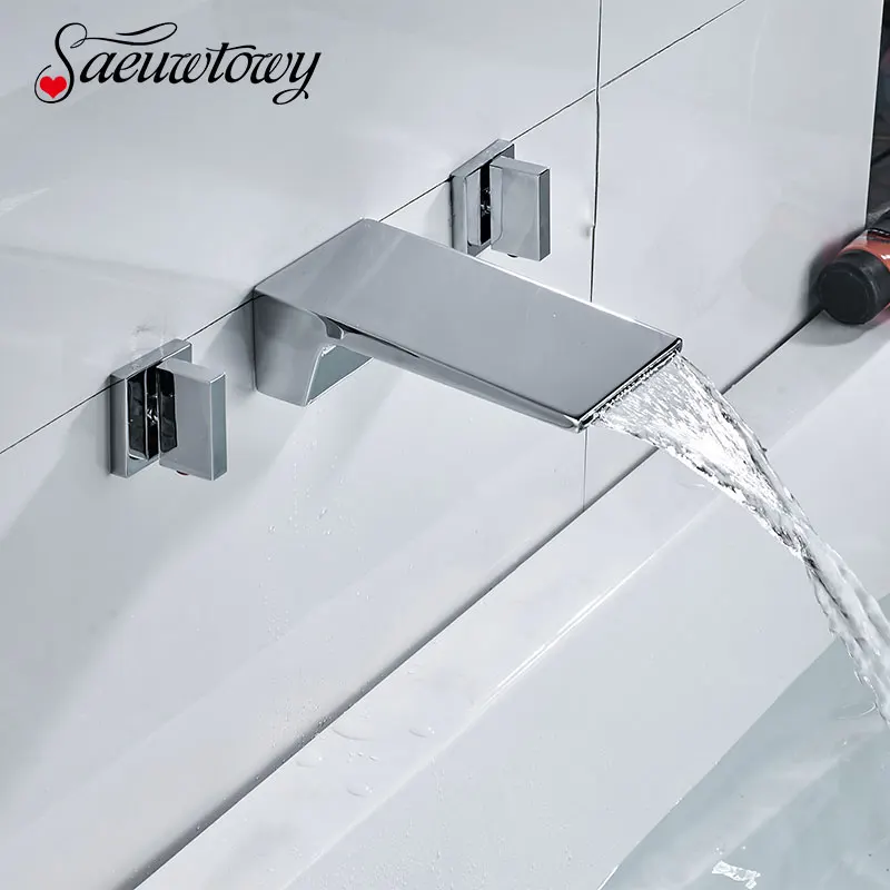 

Waterfall Spout Chrome Bathtub Faucet with Double Handles and Three Holes Wall Mounted Widespread Bathroom Tap