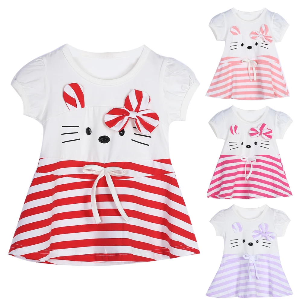 

Baby Girls Dress Kids Children Girls Short Sleeve Cartoon Cotton Dress Striped Casual Spring Summer Dress Outfit FCI#