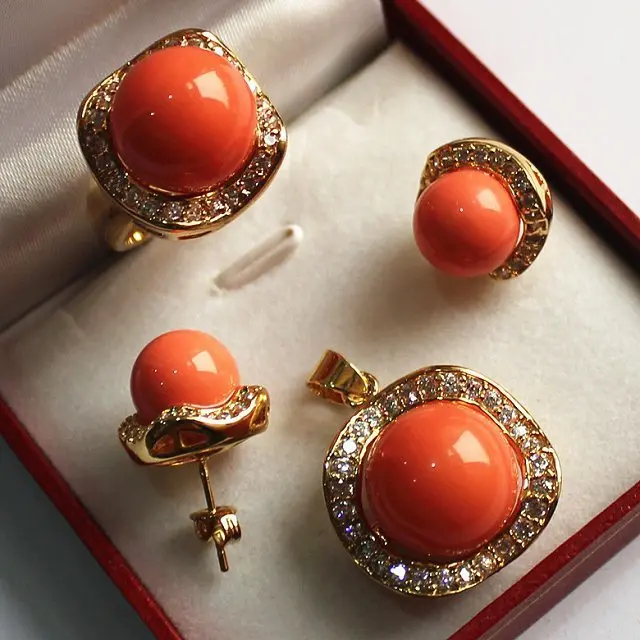 

wholesale noble jewelry set 18KGP+12-14mm orange shell pearl,ring, pendant & stud earring