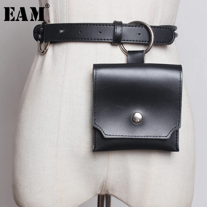 

[EAM] 2019 New Spring Summer Pu Leather black pu leather mini-bag buckle Personality long belt Women Fashion All-match JT471