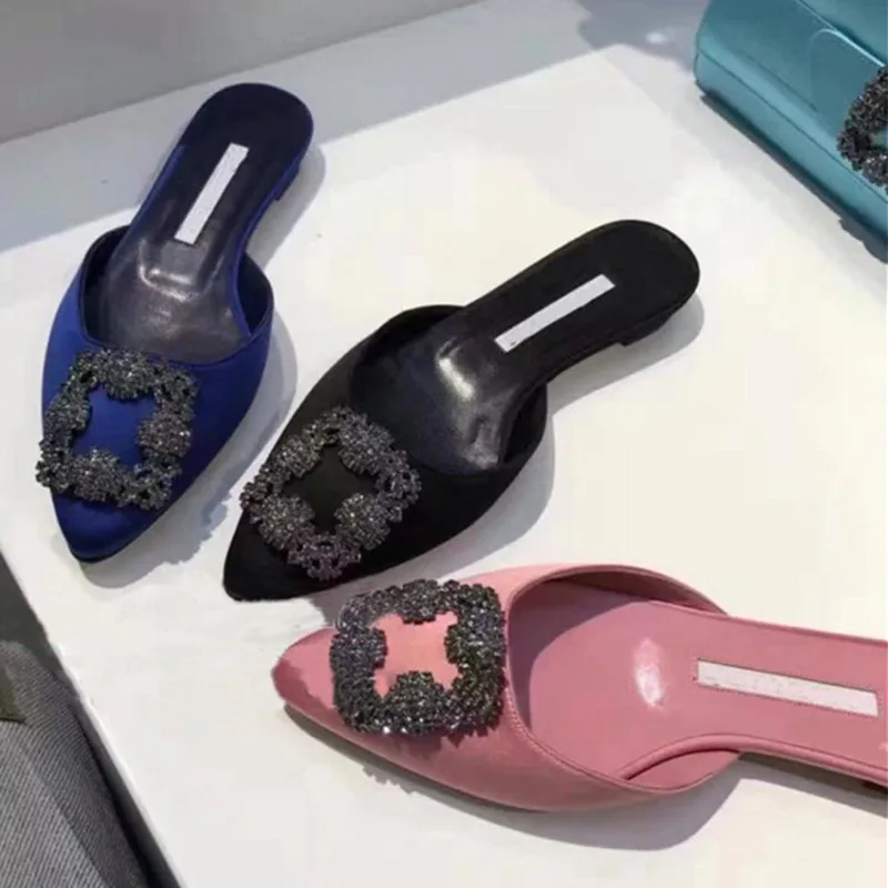 

Rhinestone Buckle Flats Woman Mules New Spring Black Green Satin Slip on Flat Shoes Women Loafers Crystal Pointed Toe Slippers