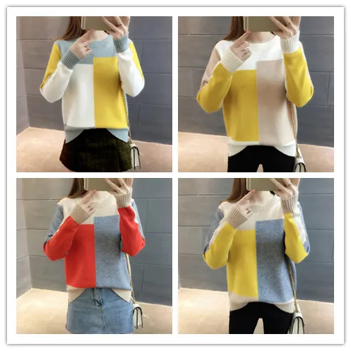 Women Color Block Sweater Female Winter Long Sleeve Knitted Pullover Sweater Women Contrast Color Jumper Sweater 4 Clour
