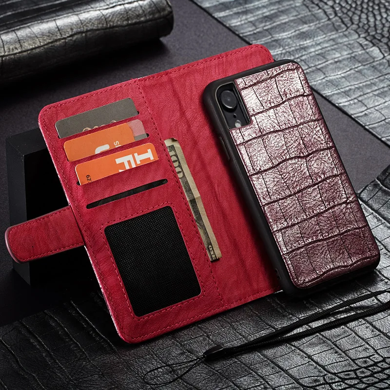 Чехол-бумажник WHATIF для Iphone Xs Max Xr X 8 7 Plus, кожаный чехол с узором «крокодиловая кожа», Отделяемый магнитной застежкой, чехол-книжка с подставкой для карт - Цвет: Темно-красный