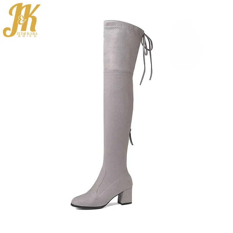 

JK Newest Model Lady Over the Knee Boot Zipper Stretch Fabric Long Boot Thick High Heel Woman Shoes Winter Big Size 43