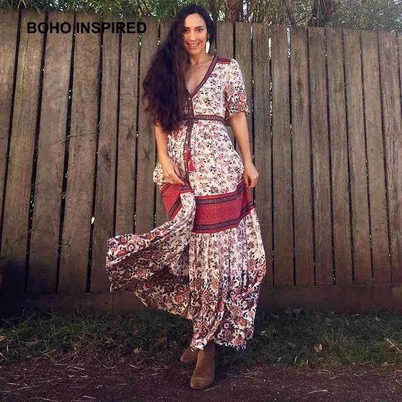 

BOHO INSPIRED maxi dress floral print V-neck buttons tassel drawstring women dress short sleeve summer dresses 2018 vestidos