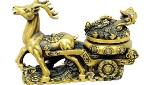 

China FengShui Bronze Fu Deer Carry Treasure Bowl On Auspicious Flower Statue
