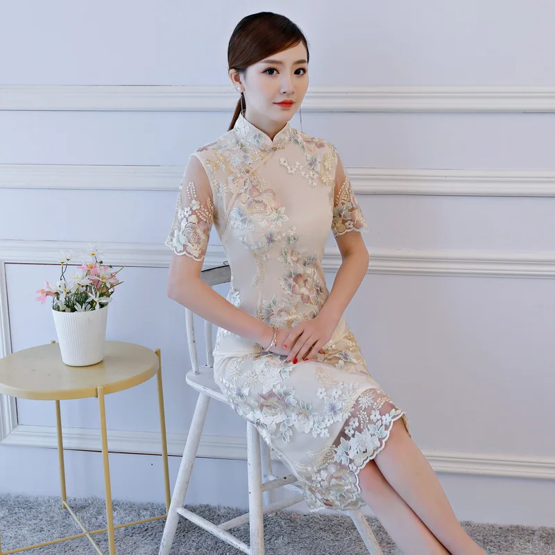 Винтадо колена винтажное китайское платье ченсам стиль платье 2018 модное женское вышитое платье-чанпао тонкие вечерние платья с пуговицами