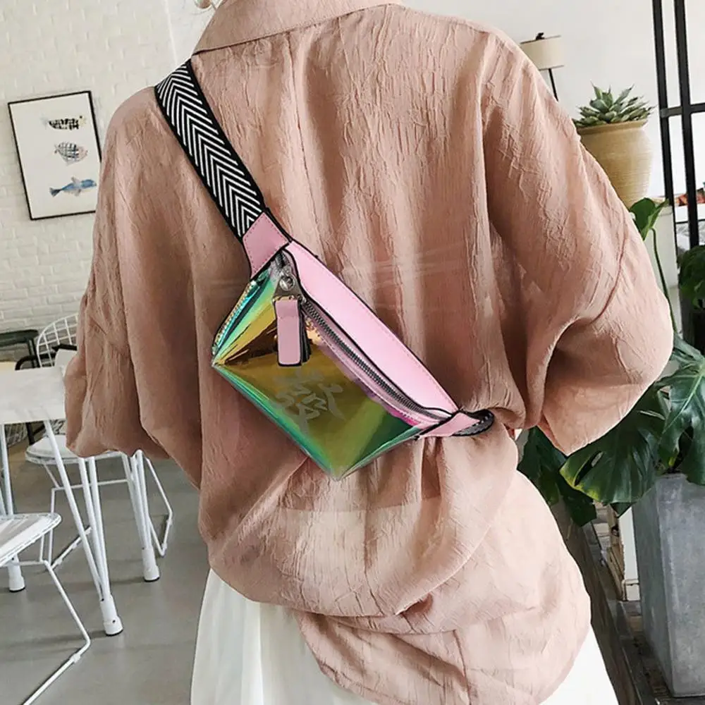 

Fashion Women Students Outdoor Sports Zipper Messenger Bag Chest Bag Waist Bag Shiny Neon Laser Hologram Waist Travel Bags