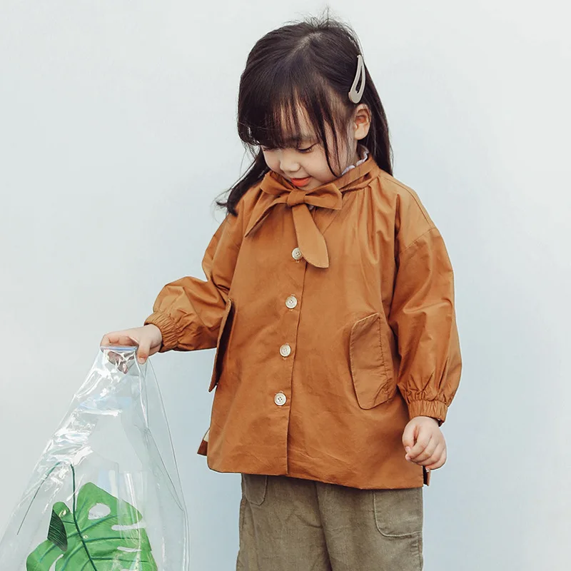 

2018 Autumn Children's Garment Korean Caramel Colour-purity Cotton Windbreaker In Children Bow Lovely Windbreaker Loose Coat