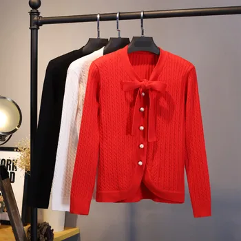 

Women Autumn Fashion Sweaters Long Sleeve Knitted Tops Solid Cute Bow Tie Sweater Jumpers Pearl Button Preppy Style Cardigans