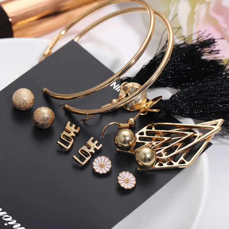 

European and American Hot Sale Ear Jewelry Creative LOVE Round Circle Tassel Hoop Earrings Set 6 Pairs Woman Tassel Earrings Set